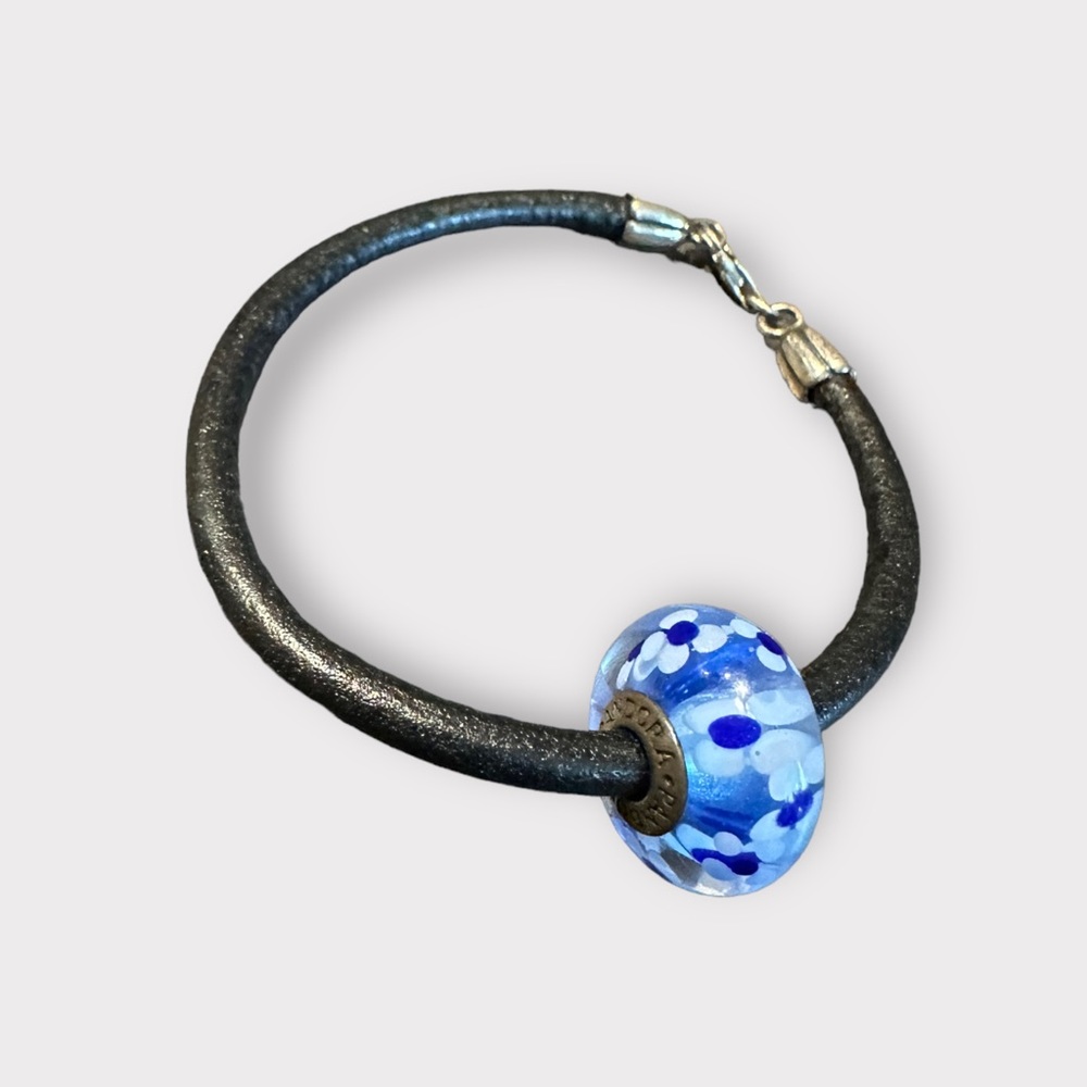 Pandora 925 Sterling Silver & Black Leather Bracelet, with glass bead